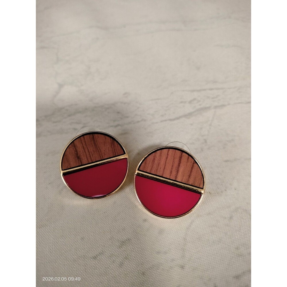Women's Post Earrings Wood tone Pink Enamel Circle Boho Retro Gold Tone